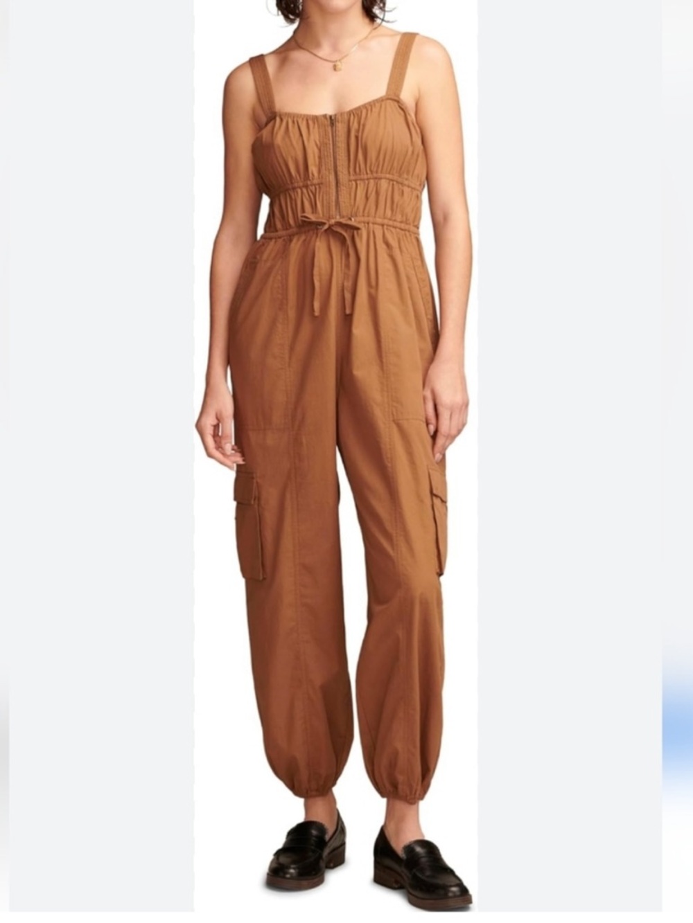 Lucky Brand Rust-Brown Utility Jumpsuit with Cargo Pockets 100% Cotton
